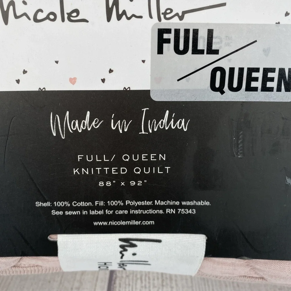 Nicole Miller Quilt FULL/QUEEN Pale Pink Hearts Feminine Jersey Knit 100% Cotton